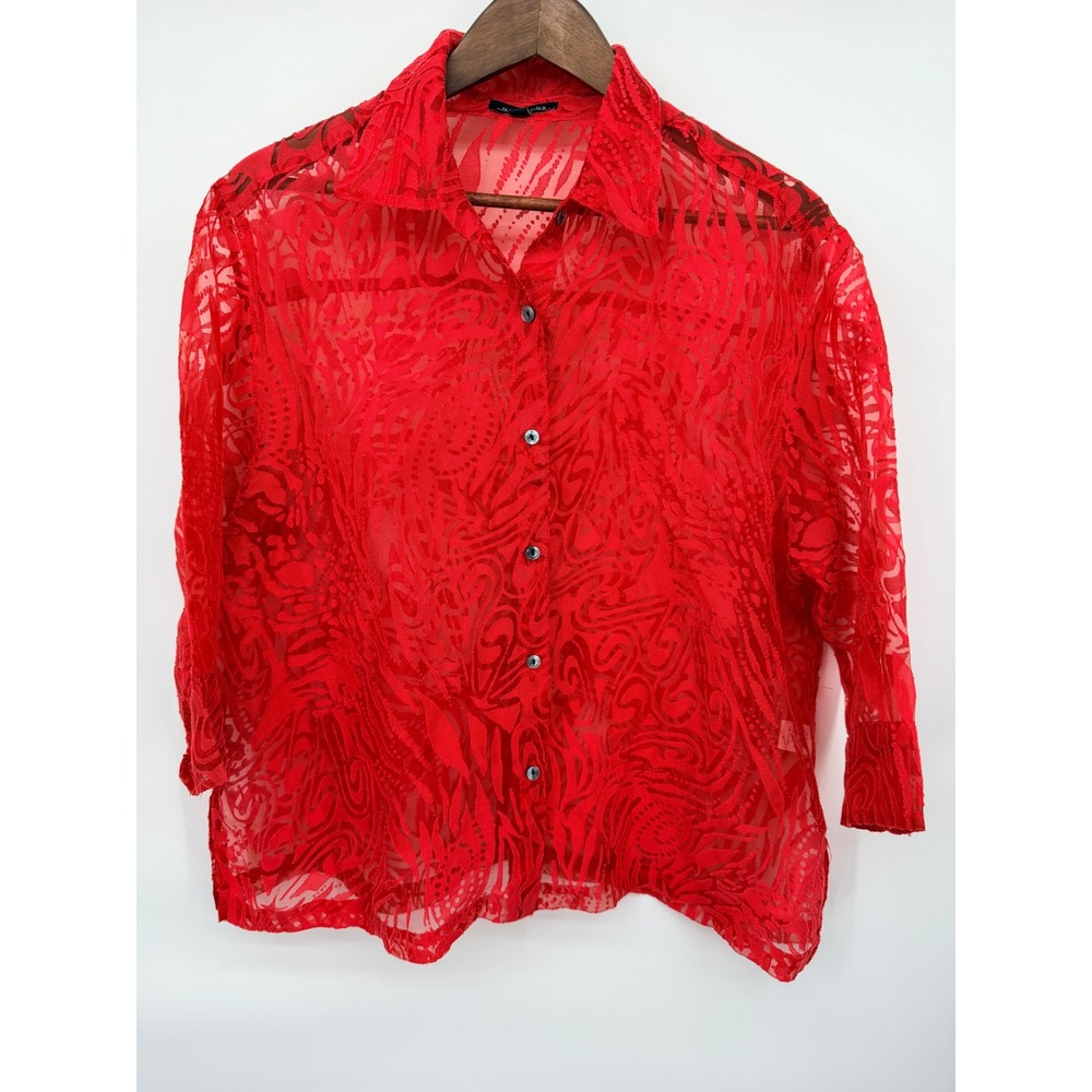 Notations Blouse Women XL Red Good Sheer Burnout Swirl Button Up JLBW0016